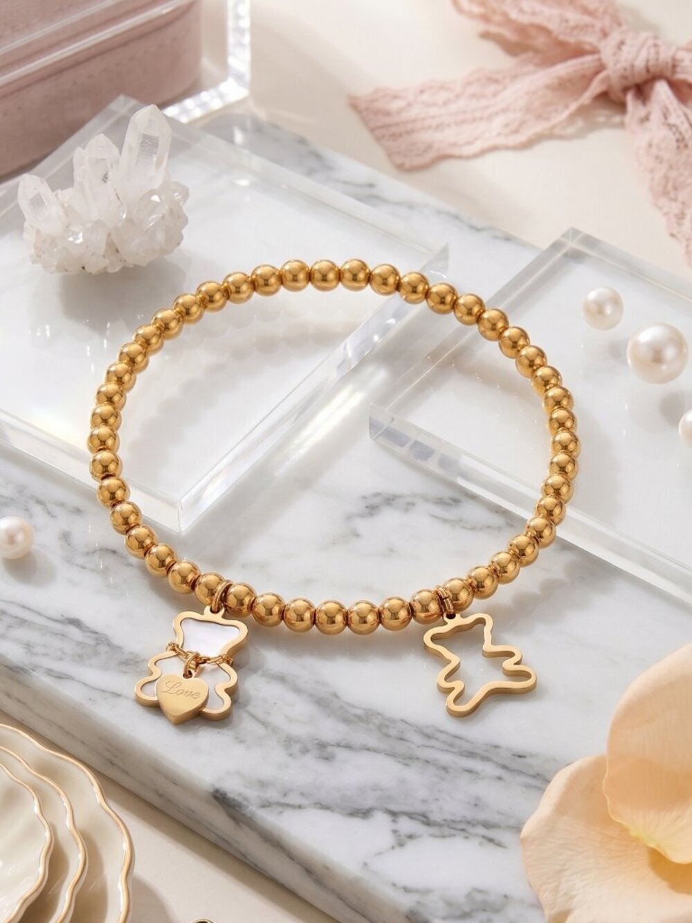 18K Gold Plated Stainless Steel Love Bear Charm Coquette Beaded Stretch Bracelet